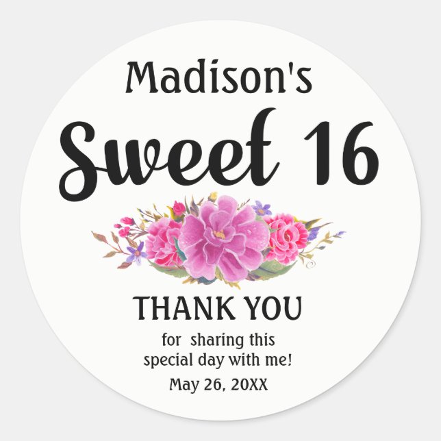 Sticker Rond Anniversaire du Sweet sixteen rose (Devant)