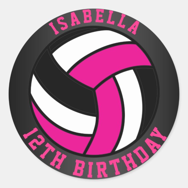 Sticker Rond Anniversaire du volley-ball rose chaud, noir et bl (Devant)