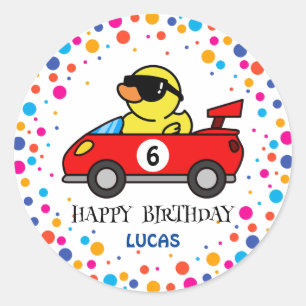 Sticker Rond Anniversaire DUCK race car garçon course rouge nom