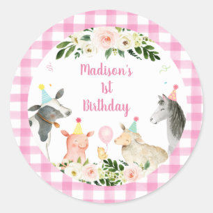 Sticker Rond Anniversaire d'un animal de ferme rose