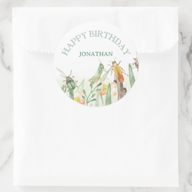 Sticker Rond Anniversaire enfant insecte bug aquarelle (Sac)