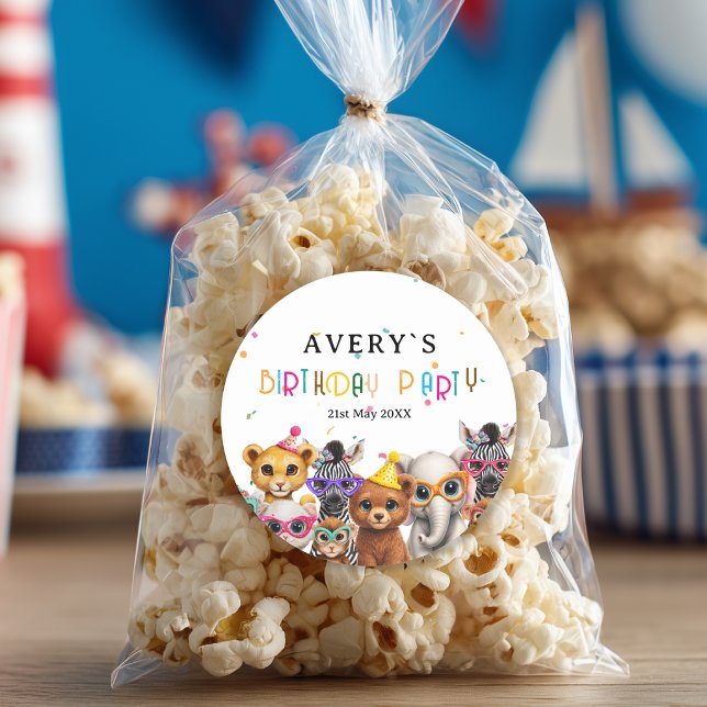 Sticker Rond Anniversaire Enfants Animaux (Animals Kids Birthday Round Sticker with your Name and Date)