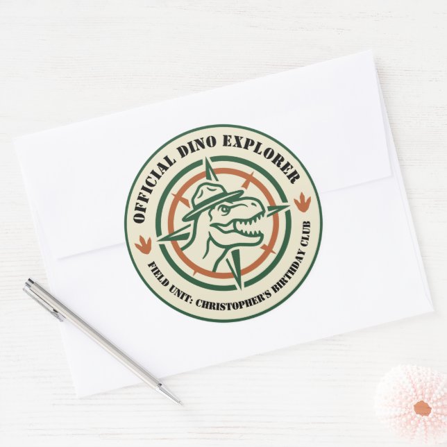 Sticker Rond Anniversaire Explorateur Dinosaure Dino (Enveloppe)