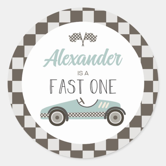 Sticker Rond Anniversaire Fast One voiture de course bleue (Devant)