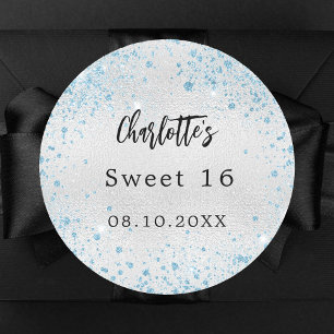 Sticker Rond Anniversaire fête argent bleu nom de la parties sc