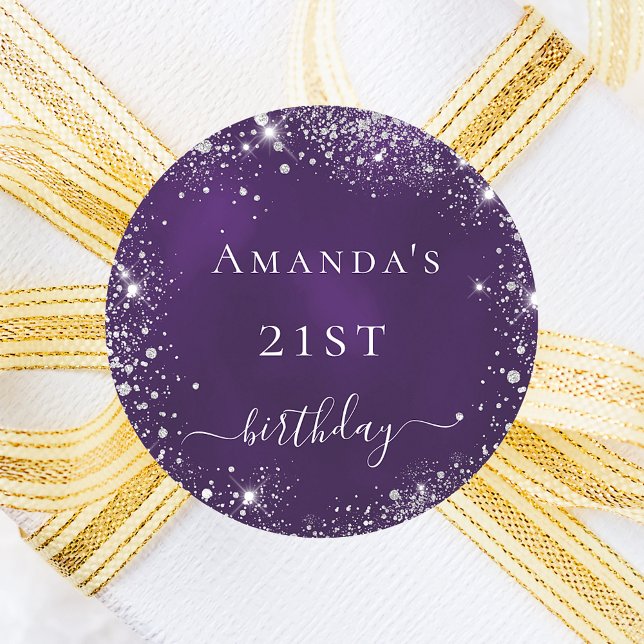 Sticker Rond Anniversaire fête violet argent nom de la parties  (Créateur téléchargé)