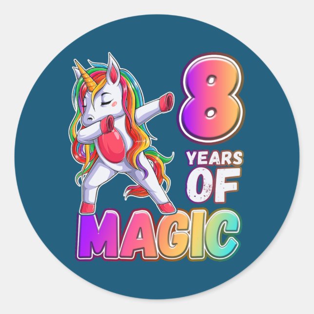 Sticker Rond Anniversaire Fille 8 ans Unicorne 8 ans de magie (Devant)
