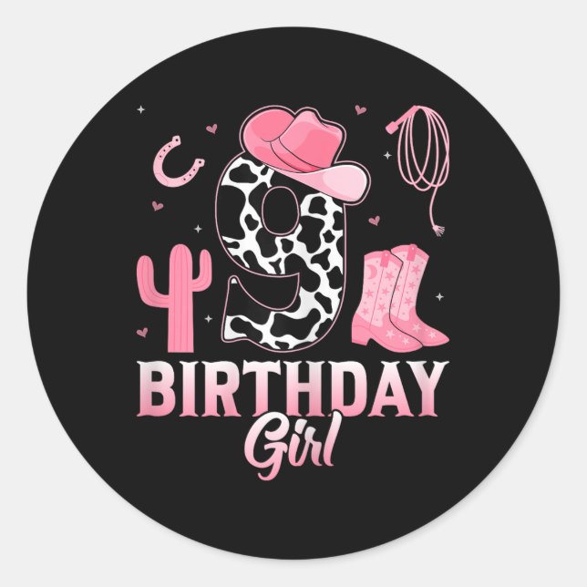 Sticker Rond Anniversaire Fille 9 ans Riding Cheval Cowgirl 9e (Devant)
