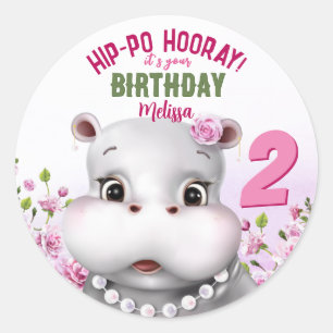 Sticker Rond Anniversaire Fille Hippopotame Rose Floral