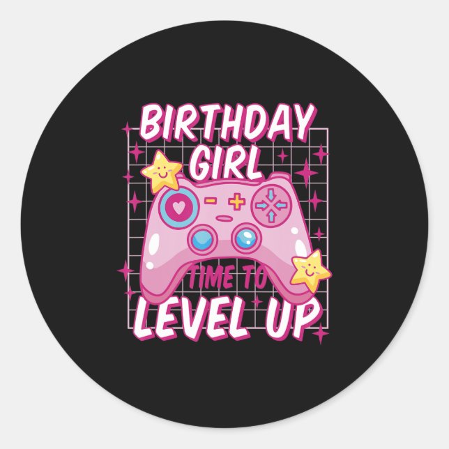 Sticker Rond Anniversaire Fille temps de monter le niveau jeu v (Devant)