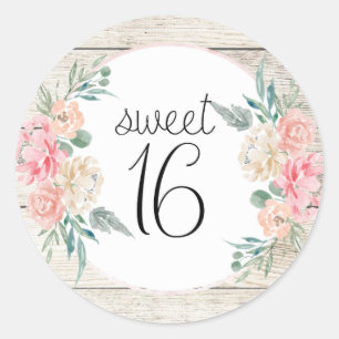 Sticker Rond Anniversaire floral en bois rustique du bonbon 16
