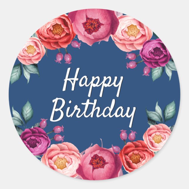 Sticker Rond Anniversaire floral marine bleu rose or rose rouss (Devant)