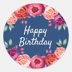 Sticker Rond Anniversaire floral marine bleu rose or rose rouss