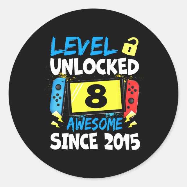 Sticker Rond Anniversaire Garçon Niveau 8 Déverrouillé Awesome  (Devant)
