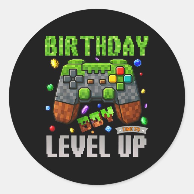 Sticker Rond Anniversaire Garçon Temps De Monter Pixel Joueur A (Devant)