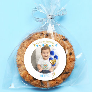 Sticker Rond Anniversaire Garçon Un An Photo Bleu Ballon Doré M