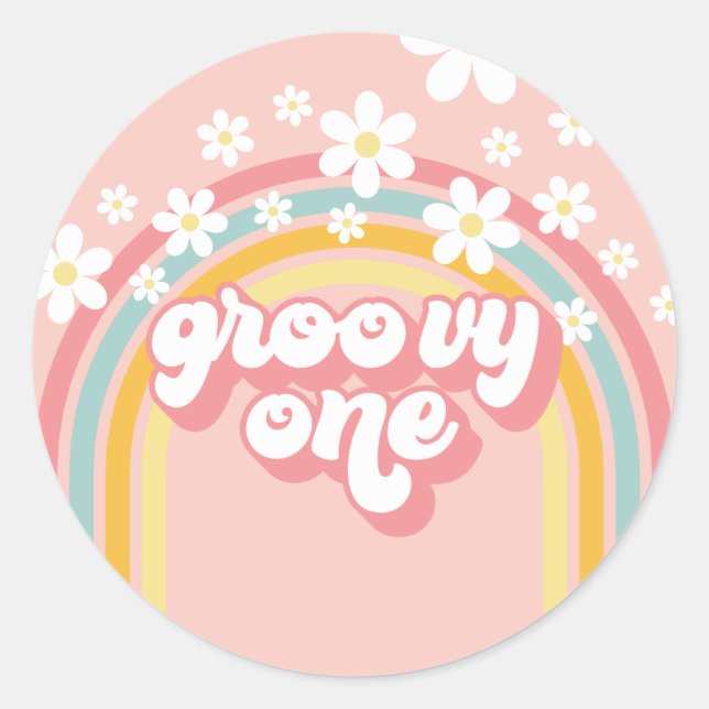 Sticker Rond Anniversaire Groovy Retro Rainbow 1 an (Devant)