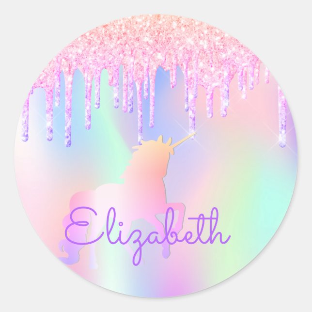 Sticker Rond Anniversaire holographique rose Unicorn (Devant)