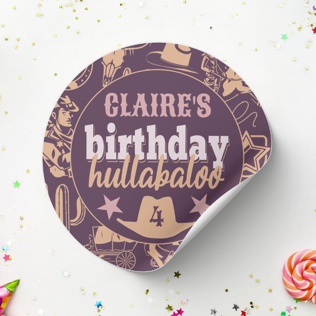 Sticker Rond "Anniversaire Hullabaloo" Western Cowboy Party (birthday hullabaloo sticker purple and orange Wild West Country cowgirl birthday party custom name )
