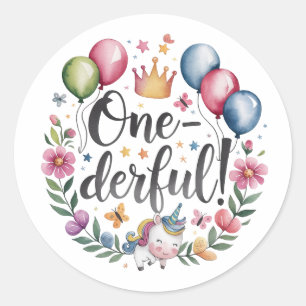 Sticker Rond Anniversaire licorne aquarelle One-derful