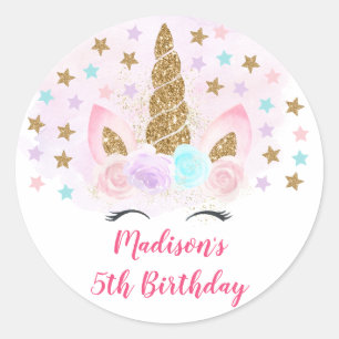 Sticker Rond Anniversaire magique de l'Unicorne rose et or