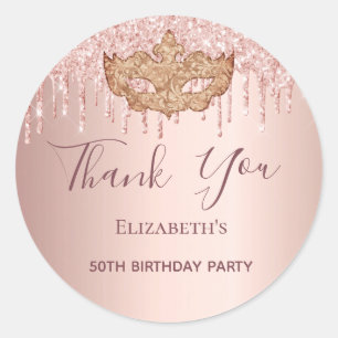 Sticker Rond Anniversaire masqué rose or parties scintillant Me