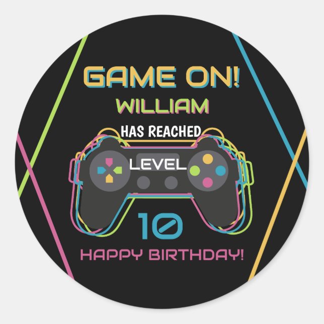 Sticker Rond Anniversaire Néon de Jeu Vidéo pour Adolescent Jou (Devant)