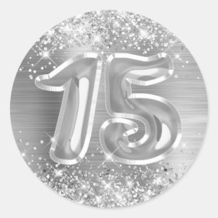 Sticker Rond Anniversaire numéro 15 en feuille d'argent scintil