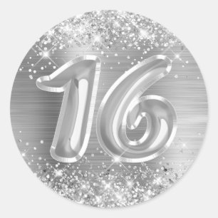 Sticker Rond Anniversaire Numéro 16 Pailleté Argent Feuille