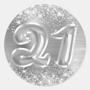 Sticker Rond Anniversaire numéro 21 en feuille d'argent scintil