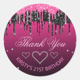 Sticker Rond Anniversaire Paillettes Noires et Roses Glamour