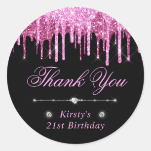 Sticker Rond Anniversaire Paillettes Noires et Roses qui Coulen