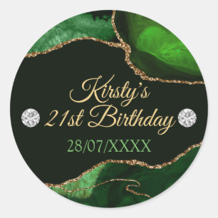 Sticker Rond Anniversaire Paillettes Vert et Or Agate