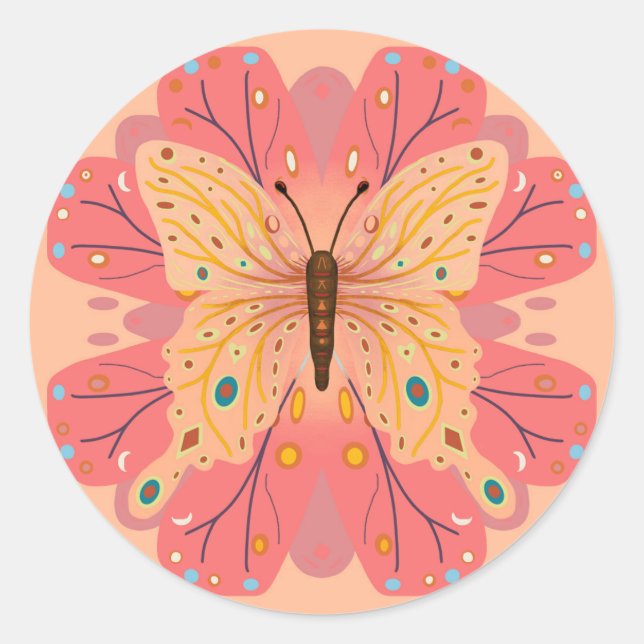 Sticker Rond Anniversaire Papillon Rose et Pêche (Devant)