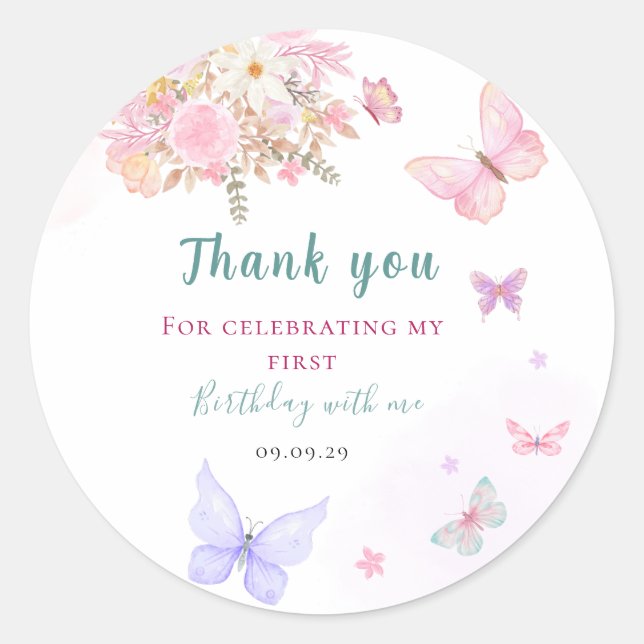 Sticker Rond Anniversaire papillon rose pastel  (Devant)