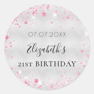 Sticker Rond Anniversaire parties scintillant rose argent nom d