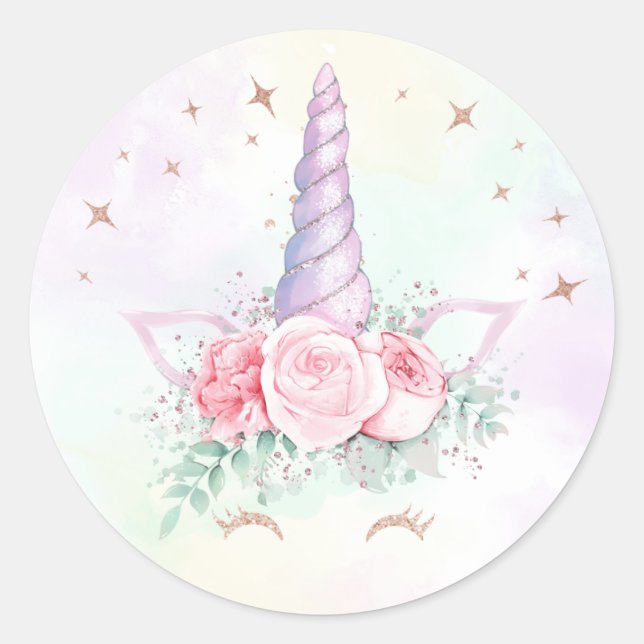 Sticker rond Anniversaire Pastel Rainbow Unicorn (Devant)