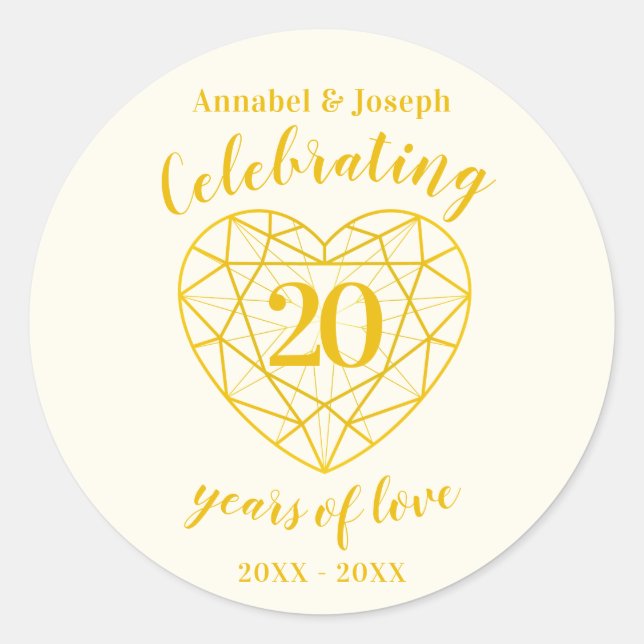 Sticker Rond Anniversaire personnalisé 20 ans diamant doré (Devant)