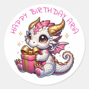 Sticker Rond Anniversaire personnalisé de la fille Dragon Rose 