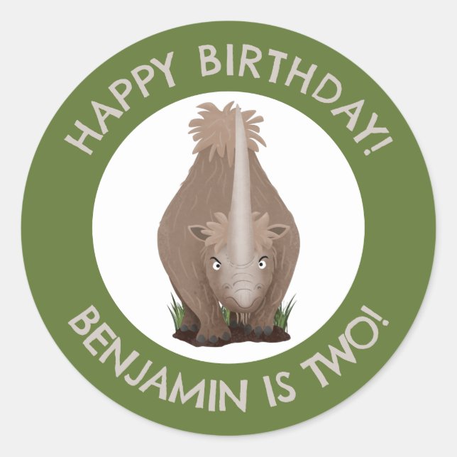 Sticker Rond anniversaire personnalisé élasmaternité rhinocéros (Devant)