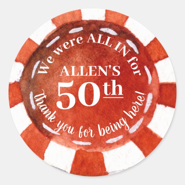 Sticker Rond Anniversaire Poker Chip Rouge Merci Blanc Classic  (Devant)