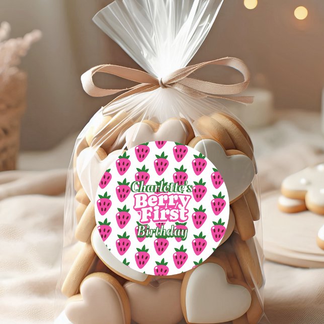 Sticker Rond Anniversaire premier de la fraise rose (Créateur téléchargé)