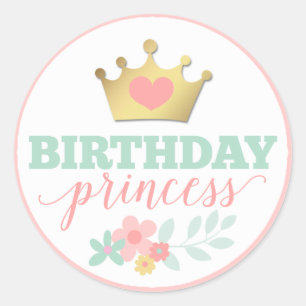 Sticker Rond Anniversaire Princess Gold Crown & Shabby Pink Flo