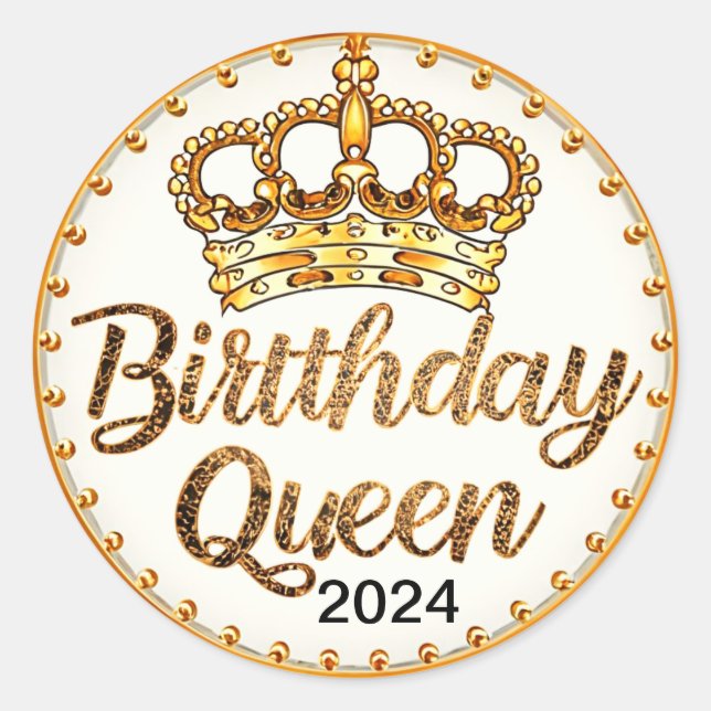 Sticker Rond Anniversaire Queen Gold Crown Party 2024 Filles An (Devant)