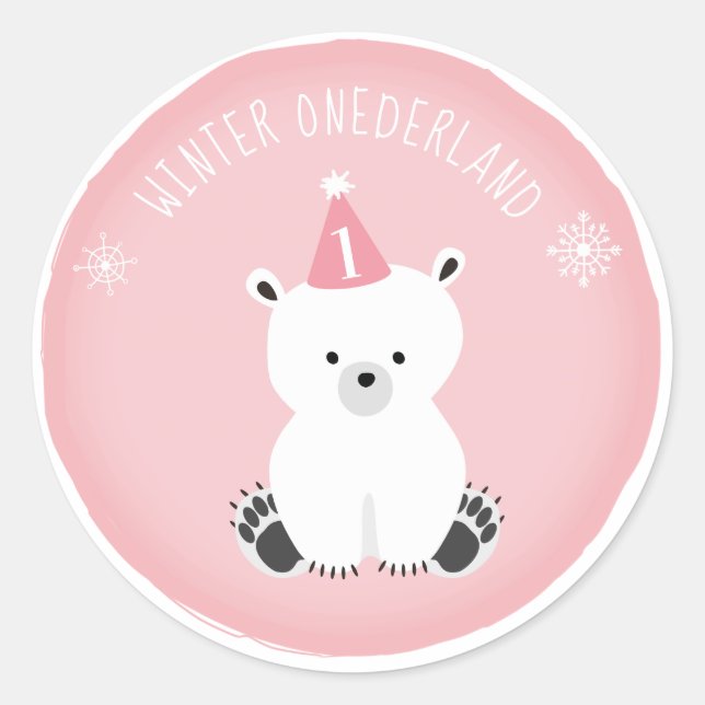 Sticker Rond Anniversaire rose d'Onederland d'hiver d'ours (Devant)