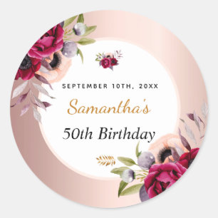 Sticker Rond Anniversaire rose or bordeaux élégant floral