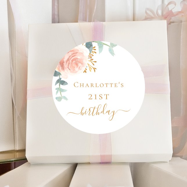 Sticker Rond Anniversaire rose or fleuri eucalyptus verdure (Créateur téléchargé)