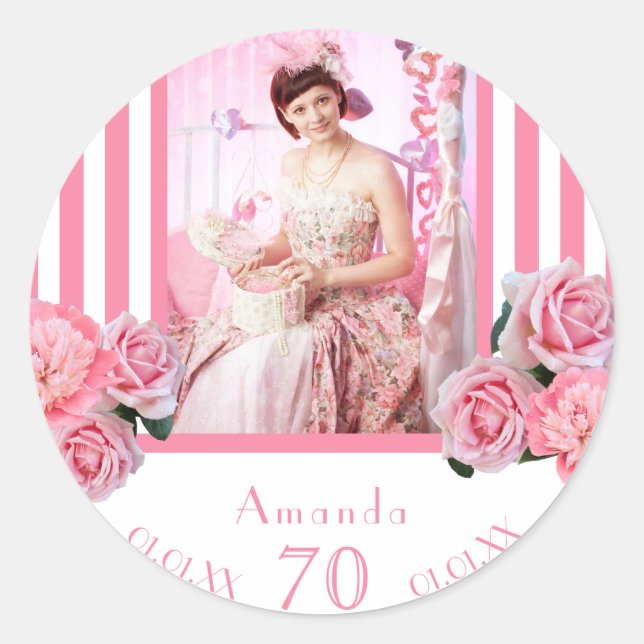 Sticker Rond Anniversaire rose rayures blanches florales photo (Devant)