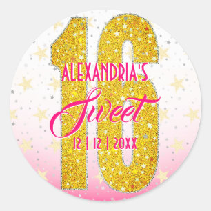 Sticker Rond Anniversaire seize ans Parties scintillant rose