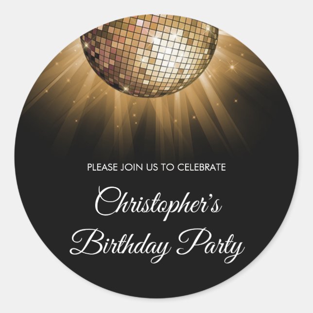 Sticker Rond Anniversaire Soirée Gold Sparkle Disco Ball (Devant)